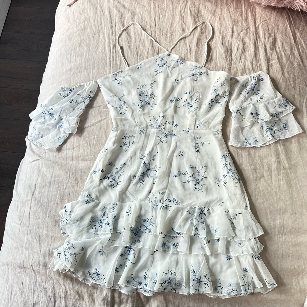Winona White Halter Dress with Blue Floral Embroidery